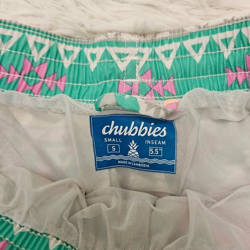 Chubbies Mens Swim Trunks Teal Pastel Neon Tribal Aztec Retro Print Sz S‎